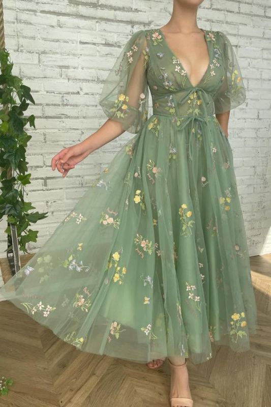 V-Neck Backless Half Sleeve Floral Embroidery Tulle Party Dress