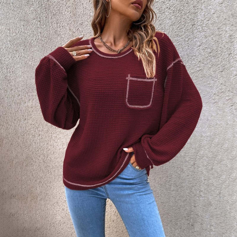 Solid Color Round Neck Pocket Knitted Sweater
