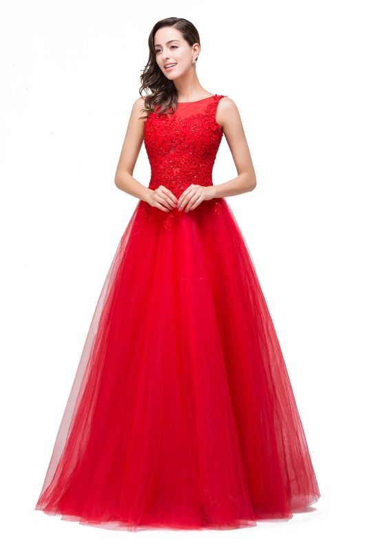Appliques A-Line Sleeveless Floor-Length  Tulle Prom Dresses