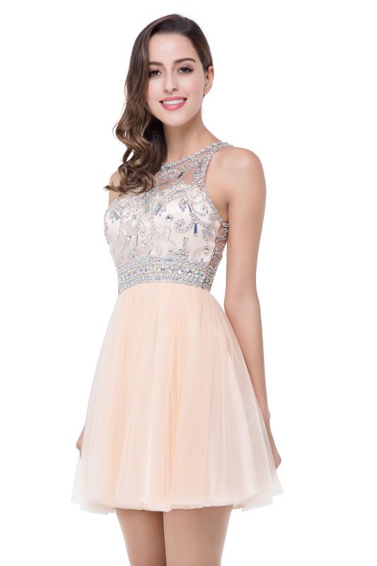 A-line Crew Sleeveless Tulle Short Prom Dresses with Beadings