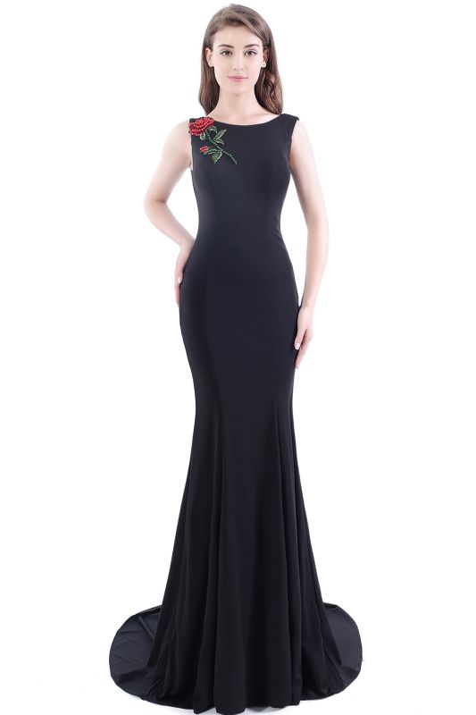 Court-Train Embroidery Mermaid Jewel Black Prom Dresses