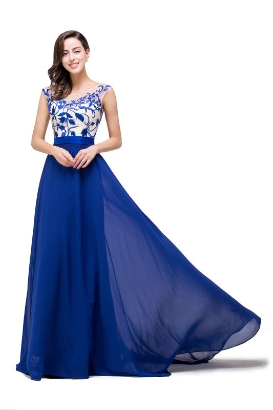 Chiffon A-Line Floor-Length Sleeveless  Prom Dresses with Lace-Appliques