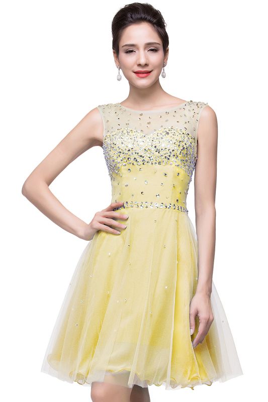 A-line Sleeveless Crew Short Tulle Prom Dresses with Crystal Beads