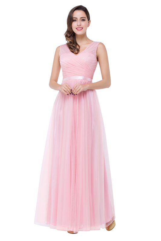 A-line Sleeveless V-neck Floor-length Tulle Bridesmaid Dresses