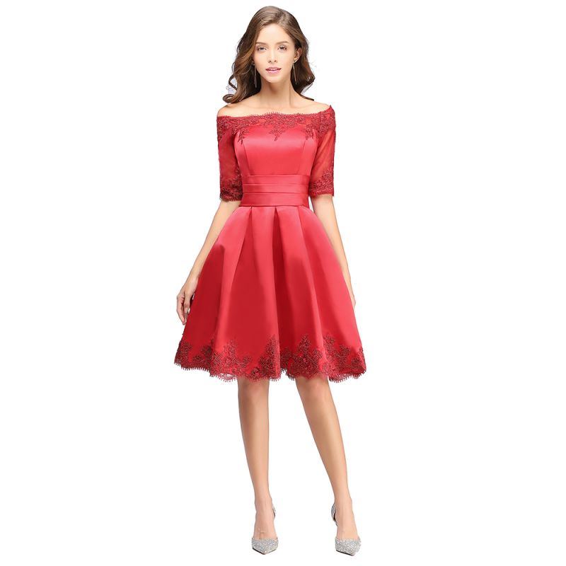A-line Off-shoulder Half Sleeves Short Lace Appliques Prom Dresses