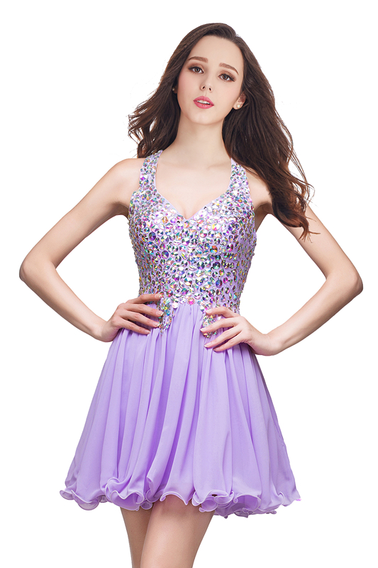 A-line Sweetheart Short Sleeveless Chiffon Prom Dresses with Crystal Beads