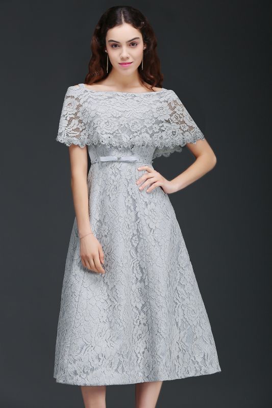 Off Shoulder Tea-Length A Line Lace Homecoming Dresses