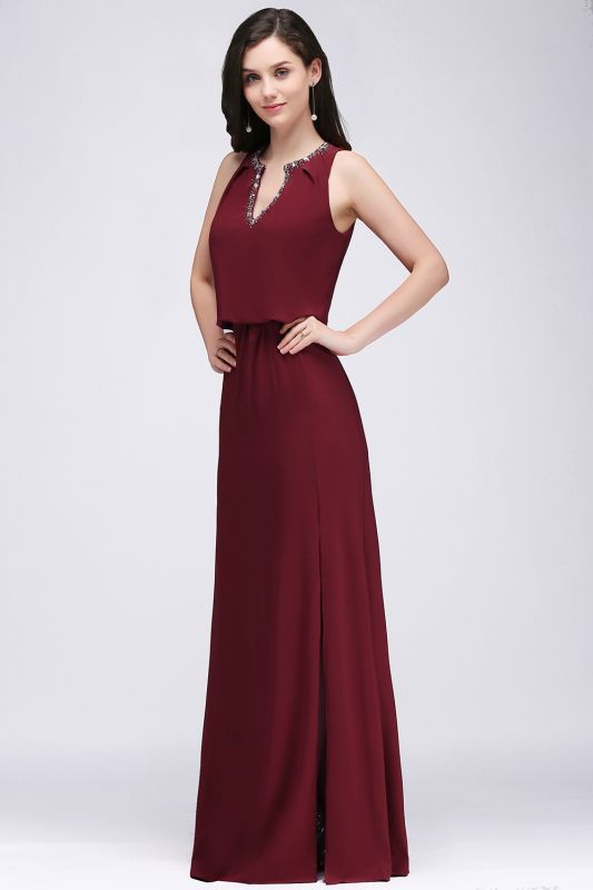 A-line V-neck Floor-length Sleeveless Burgundy Prom Dresses with Crystal