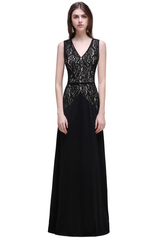 V-Neck Long Black A-line Lace Prom Dresses