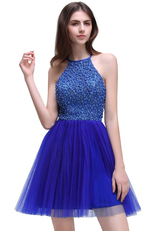 A-line Halter Neck Short Tulle Royal Blue Homecoming Dresses with Beading