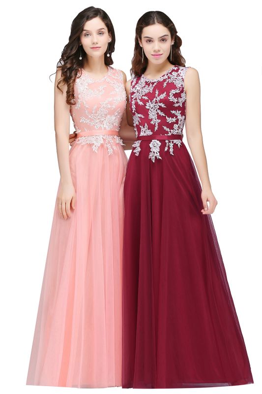 Long A-line Jewel Neck  Tulle Pink Prom Dresses with Sash