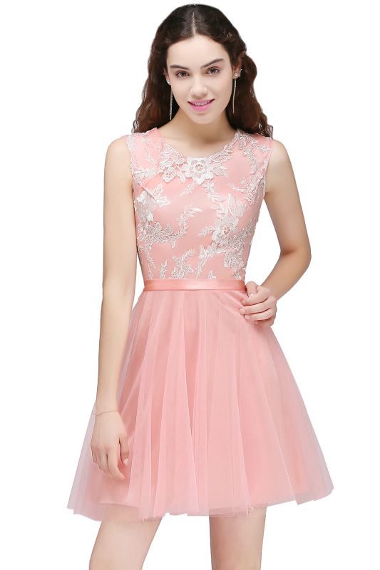 A-line  Pink Tulle Short Homecoming Dresses with Lace Appliques