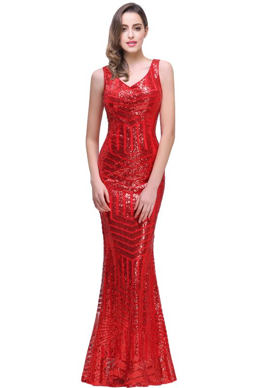 Sequins Mermaid V-neck Sleeveless Floor-Length  Prom Dresses