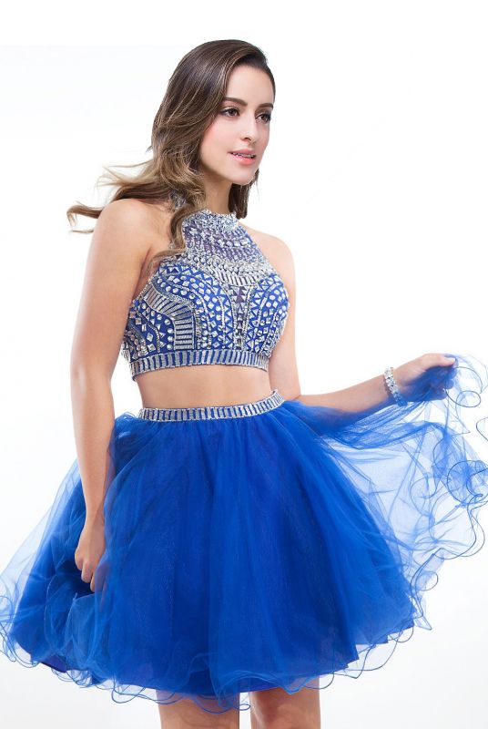 Two-piece Halter Sleeveless Short Tulle Prom Dresses with Crystal Beads