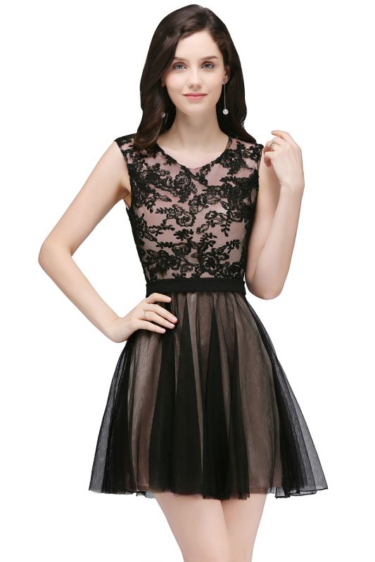 A-line Crew Short Sleeveless Tulle Lace Appliques Prom Dresses