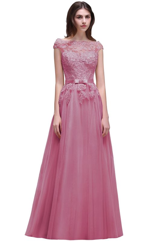 A-line Tulle Lace Appliques Floor-Length Prom Dress