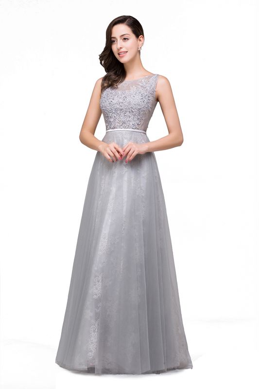 Illusion A-Line Sleeveless  Floor-Length Tulle Prom Dresses with Embroidered Flowers