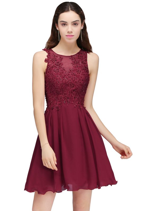 A-line Jewel Short Chiffon Burgundy Homecoming Dresses with Lace Appliques