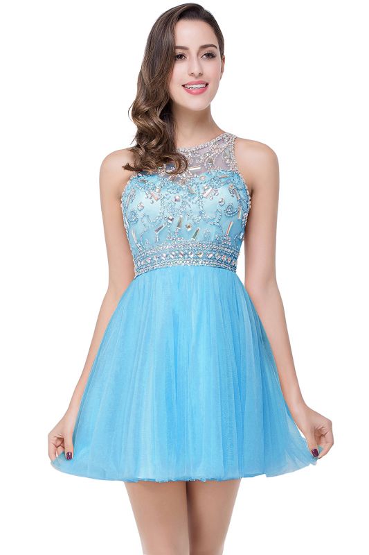 A-line Crew Sleeveless Tulle Short Prom Dresses with Beadings