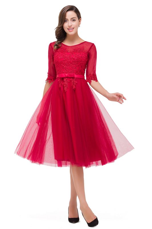 A-Line Half Sleeves Knee Length Tulle Prom Dresses with Embroidered Flowers