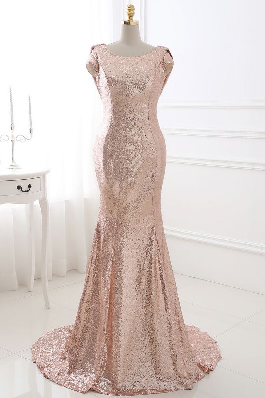 Rosy Golden Fit and Flare Sequined Sweep train Prom Dress