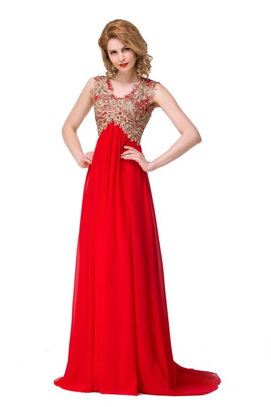 Lace A-Line Floor-Length Sleeveless V-Neck  Appliques Prom Dresses