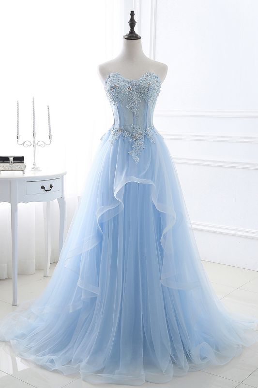 Ball Gown Sweetheart Tulle Sky Blue Cheap Prom Dress with Sequins