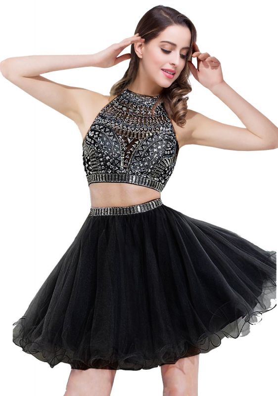 Two-piece Halter Sleeveless Short Tulle Prom Dresses with Crystal Beads