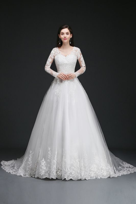 V-Neck Ball Gown Lace Tulle Wedding Dresses