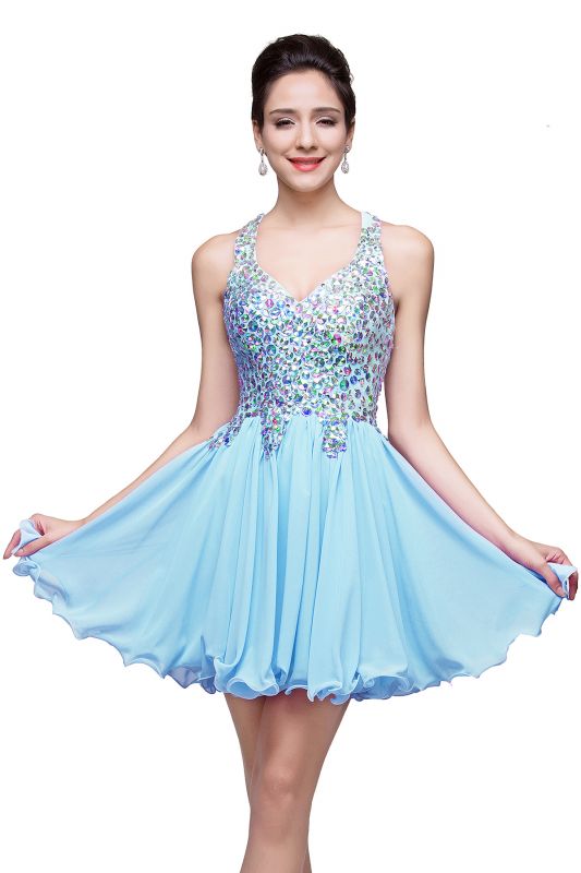 A-line Sweetheart Short Sleeveless Chiffon Prom Dresses with Crystal Beads