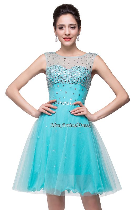 A-line Sleeveless Crew Short Tulle Prom Dresses with Crystal Beads
