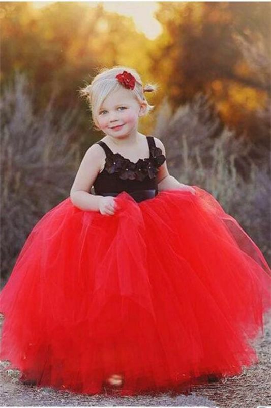 Nuevo vestido de niña de las flores de tul rojo y negro con tirantes