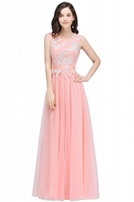 Long A-line Jewel Neck  Tulle Pink Prom Dresses with Sash_4