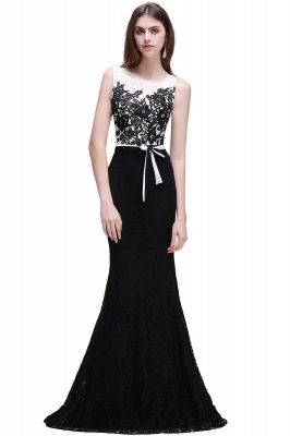 Lace Mermaid Scoop Neckline  Black and White Elegant Prom Dresses with Bowknot Sash_1