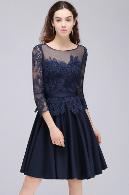 A-line Sheer Neck Short Dark Navy Homecoming Dresses with Lace Appliques_6