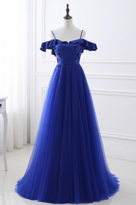 Blue Floor-length Off-the-shoulder Ball Gown Tulle Prom Dress_1