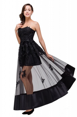 Strapless Knee-length A-line Lace-Up Black Appliques Prom Dresses_5