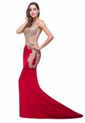 Red V-Neck Mermaid Sweep-length Appliques Formal Dresses_10