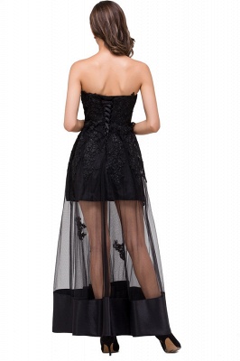 Strapless Knee-length A-line Lace-Up Black Appliques Prom Dresses_8