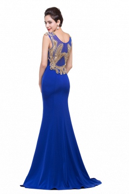 Vestidos formales azules de sirena con cuello redondo y apliques_6