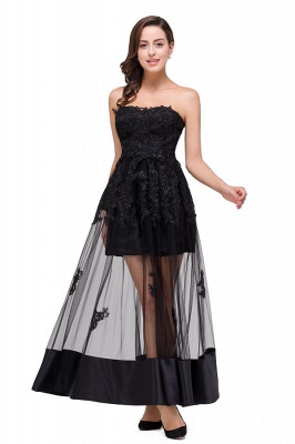 Strapless Knee-length A-line Lace-Up Black Appliques Prom Dresses_7