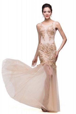 Champagne Scoop Mermaid Floor-length Appliques Prom Dresses_1