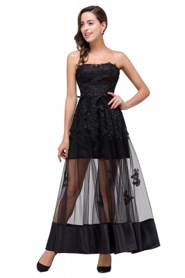 Strapless Knee-length A-line Lace-Up Black Appliques Prom Dresses_2