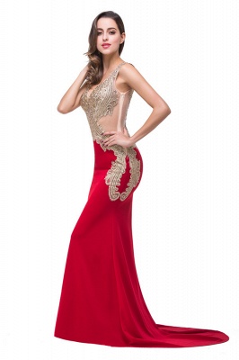 Red V-Neck Mermaid Sweep-length Appliques Formal Dresses_9