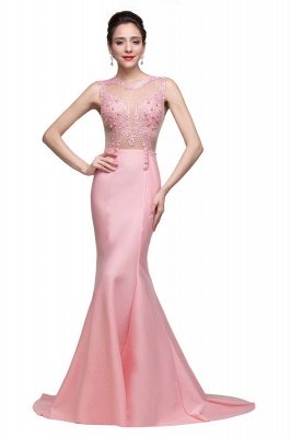 Pink Crew Sweep-length Mermaid Prom Dresses With Imitation Pearls_5