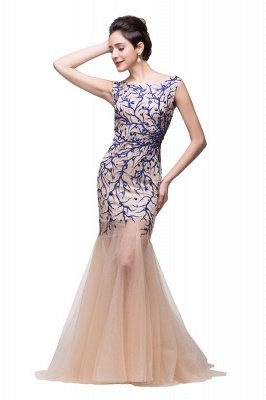 Champagne Crew Sweep-length Mermaid Tulle Prom Dresses_4