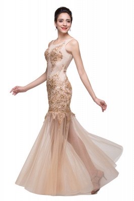 Champagne Scoop Mermaid Floor-length Appliques Prom Dresses_6