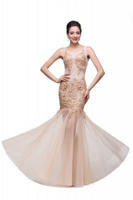 Champagne Scoop Mermaid Floor-length Appliques Prom Dresses_4