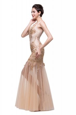 Champagne Scoop Mermaid Floor-length Appliques Prom Dresses_5