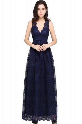 Sheath V-neck Floor-length Lace Navy Blue Prom Dress_6